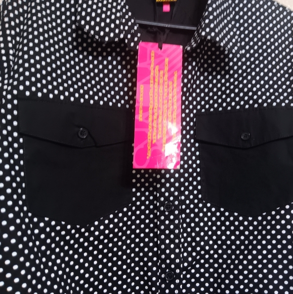 Akademiks Vtg Black White Polka Dot Colorblock Button Front Shirt NEW - Picture 2 of 4